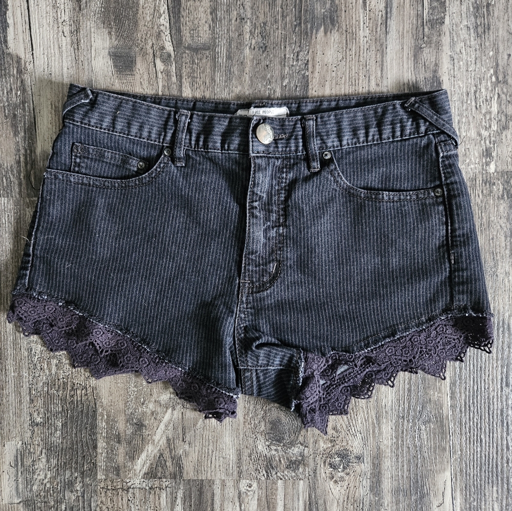 Free People Black Striped Shorts with Lace Lining, Size W 26